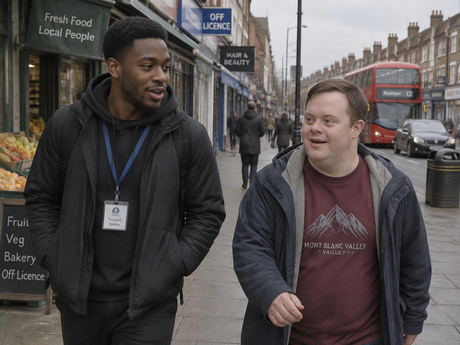 A Caronne Care support worker walking and chatting with an adult client on a local high street
