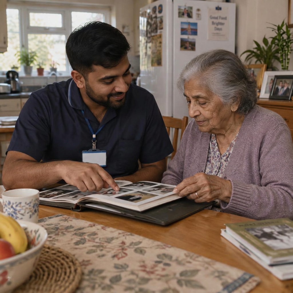 A Caronne Care support worker looking through a family photo album with an older lady