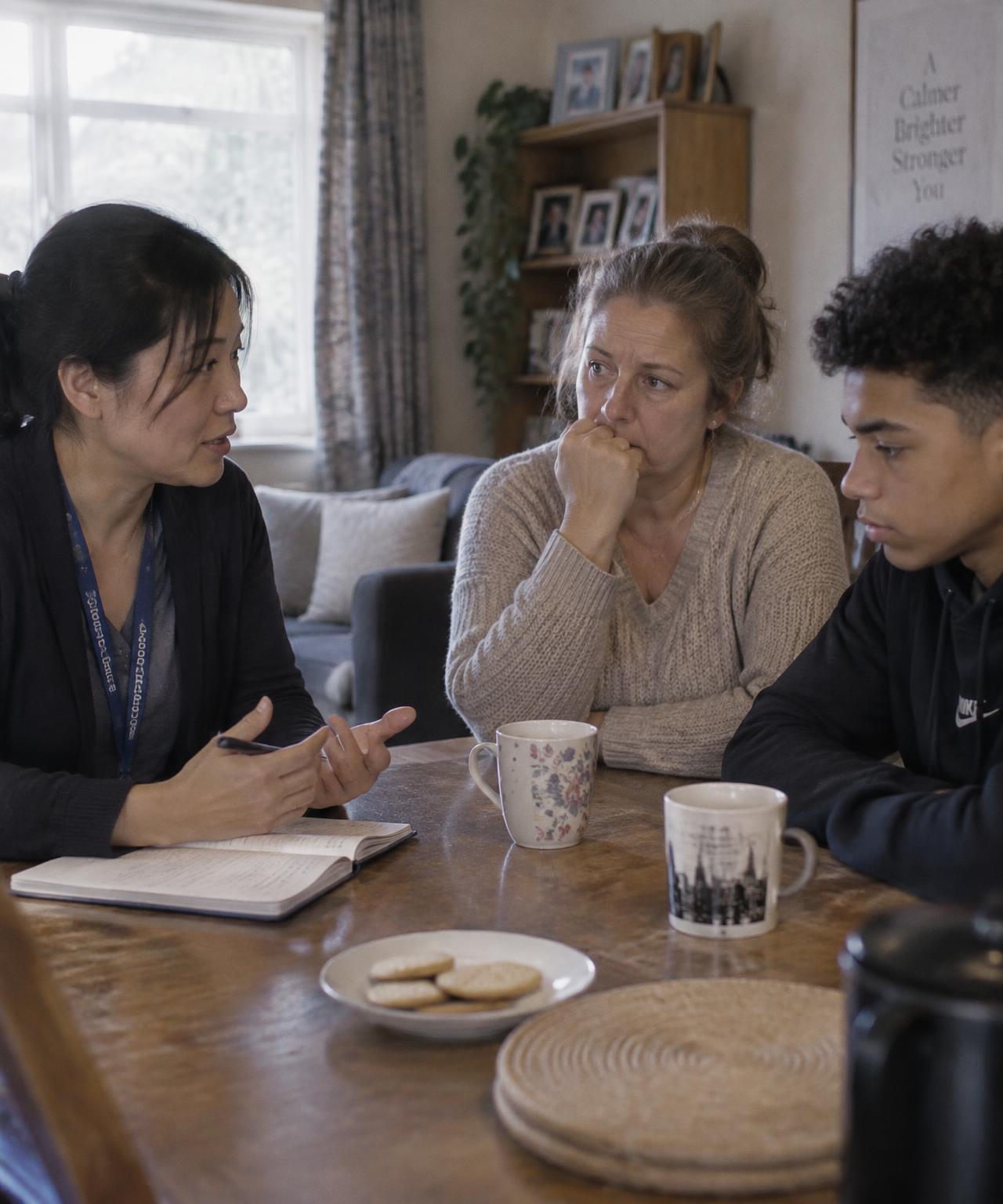 A Caronne Care coordinator talking through support with a mother and her teenage son at home